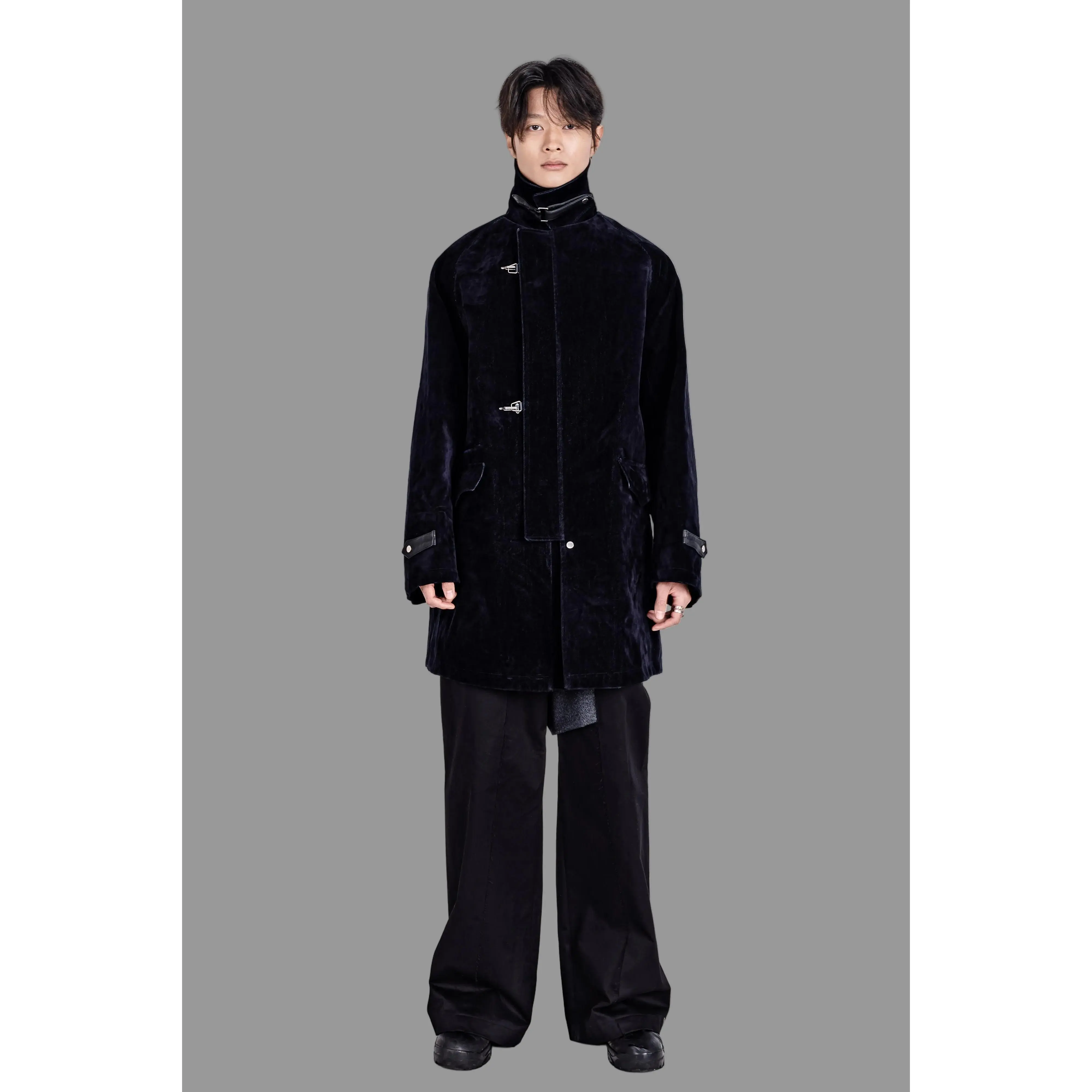 LEATHER-TRIMMED WASHED DENIM VELOUR COAT