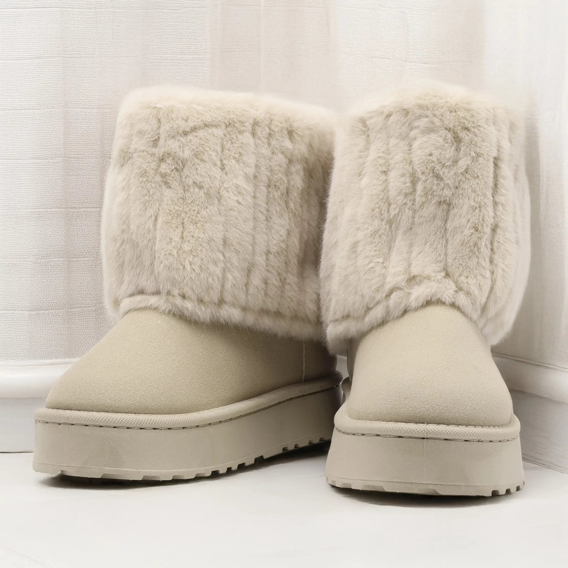 Women's Mid - Calf Fluffy Winter Snow Boots Thermal Lined Warmth Indoor Outdoor Anti-Slip Shoes