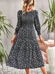 Women's Ditsy Floral Print Shirred Waist A Line Dress, Casual Wear, Casual Comfy Chic, Elegant Bishop Sleeve Round Neck Midi Dress for Spring & Fall, Women's Clothing for Summer Daily Wear, Bohemian Womenswear