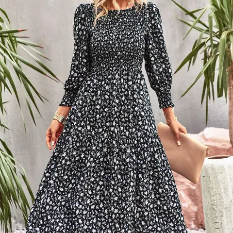 Women's Ditsy Floral Print Shirred Waist A Line Dress, Casual Wear, Elegant Bishop Sleeve Round Neck Midi Dress for Spring & Fall, Women's Clothing for Summer Daily Wear, Bohemian Womenswear, Casual Dresses, Boho Casual Dress