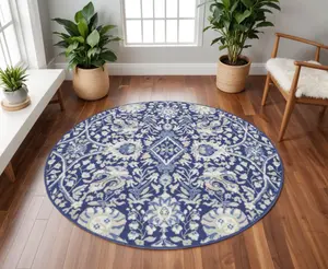 HomeRoots 552317 8 ft. Floral Round Rug, Navy Blue, Ivory & Beige