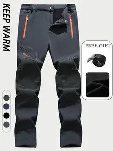 Men's Letter Embroidery Zipper Thermal Lined Pants, Casual Comfy Waterproof Soft Shell Trousers for Outdoor Activities, Men's Bottoms for All Seasons, Casual Streetwear Trousers, Menswear