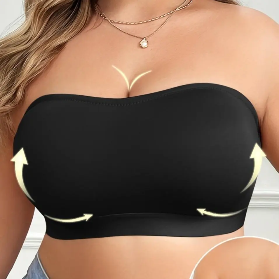 Women's Plus-Size Strapless Bra - Solid Color, Seamless Lightweight Breathable Elastic Stretchy Fabric, Wireless Non-Padded, Side Hook, Adjustable Minimalist Design, Fit for Formal Cocktail & Off-Shoulder Tops, Single Pack, Style