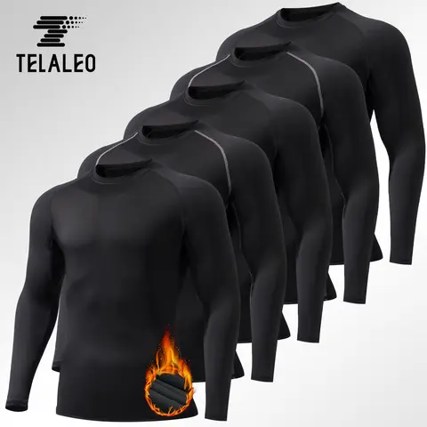 TELALEO Men's 5-Pack Fleece-Lined Thermal Compression Long Sleeve Shirts - Sport Base Layer, Athletic Cut Plain Crewneck, Cold Weather Outdoor Workout Activewear, Beige Biker Top, Christmas Gifts Option (Mensfashion Outdoor Clothing)