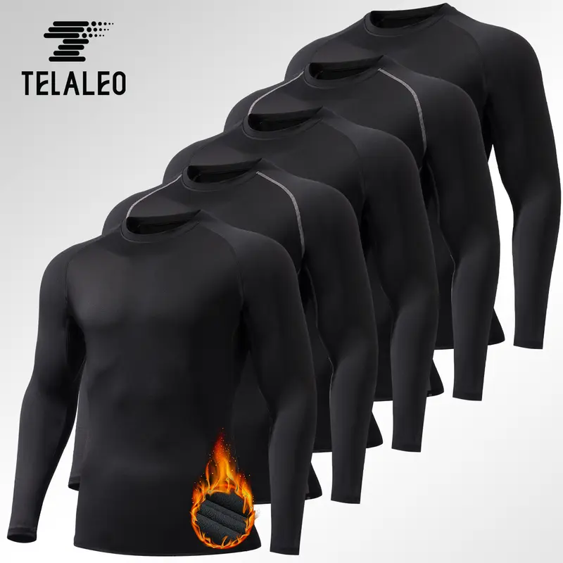 TELALEO Men's 5-Pack Fleece-Lined Thermal Compression Long Sleeve Shirts - Sport Base Layer, Athletic Cut Plain Crewneck, Cold Weather Outdoor Workout Activewear, Beige Biker Top, Christmas Gifts Option (Mensfashion Outdoor Clothing)
