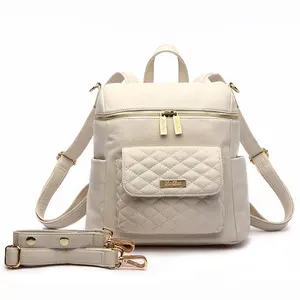 Petit Monaco Quilted Diaper Bag – Pearl White | Convertible Backpack & Crossbody, 9 Pockets, Luxe Satin Interior Leather