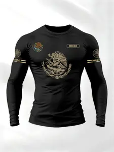 Men's Mexican Flag Theme Long Sleeve Casual Round Neck T-Shirt, Casual Streetwear Tops, Outdoor & Daily Wear, Perfect Gift, Sporty Style, Fitted Fit