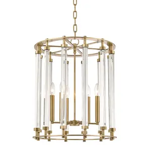 Haddon 6-Light Hanging Lantern with Open Cagework and Banded Tubular Crystal Accents in Aged Brass