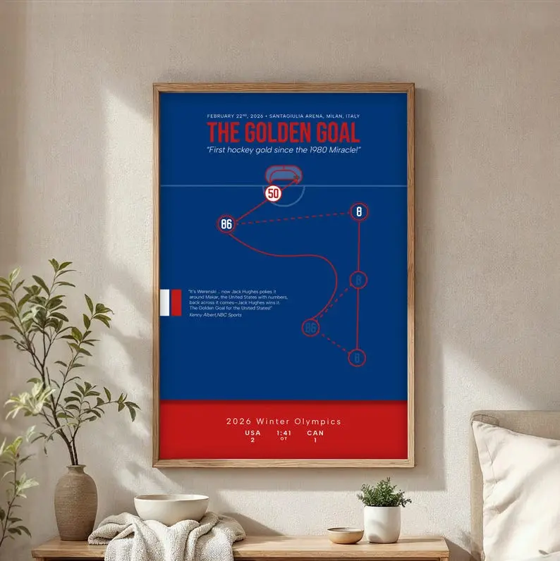 The Golden Goal – 2026 USA Hockey Poster No Frame | 2026 Winter Olympics Hockey Art | Jack Hughes Goal