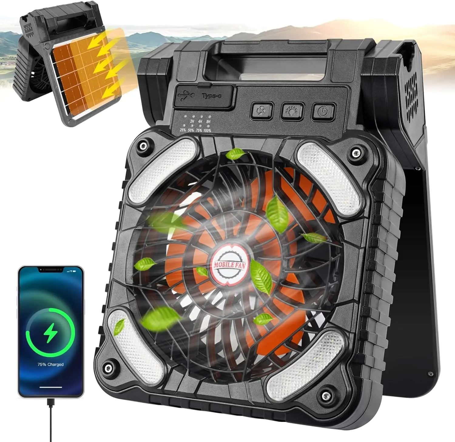 Solar Powered Camping Fan with LED Light, 7" Portable Rechargeable Tent Cooling Fan, 10400mAh Battery, 4W Solar Panel for Camping, RV, Outdoor & Emergency Use Adjustable Speeds personal Fan