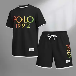 Men's Polo Print Drawstring Shorts Set For Spring/Summer. A Casual Summer Outfit, Including A Short-Sleeved Shirt And Shorts, Suitable For Everyday Wear And Sports. A Two-Piece Set For A Relaxed And Energetic Lifestyle.