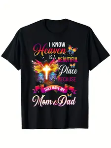 Men's Memorial T-Shirt - "I Know Heaven Has My Mom & Dad" - Soft 100% Cotton Crew Neck Tee with Golden Lettering, Angel Wings & Butterfly Print - All-Season Casual Shirt for Sympathy Gifts, Gym, Outdoor Activities - Comfortable Remembrance Apparel (Ideal