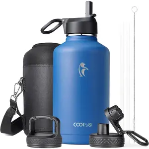 128oz Insulated Gallon Water Bottle: Stainless Steel, Straw & Multiple Lids, Sports, Gym, Office (Black)