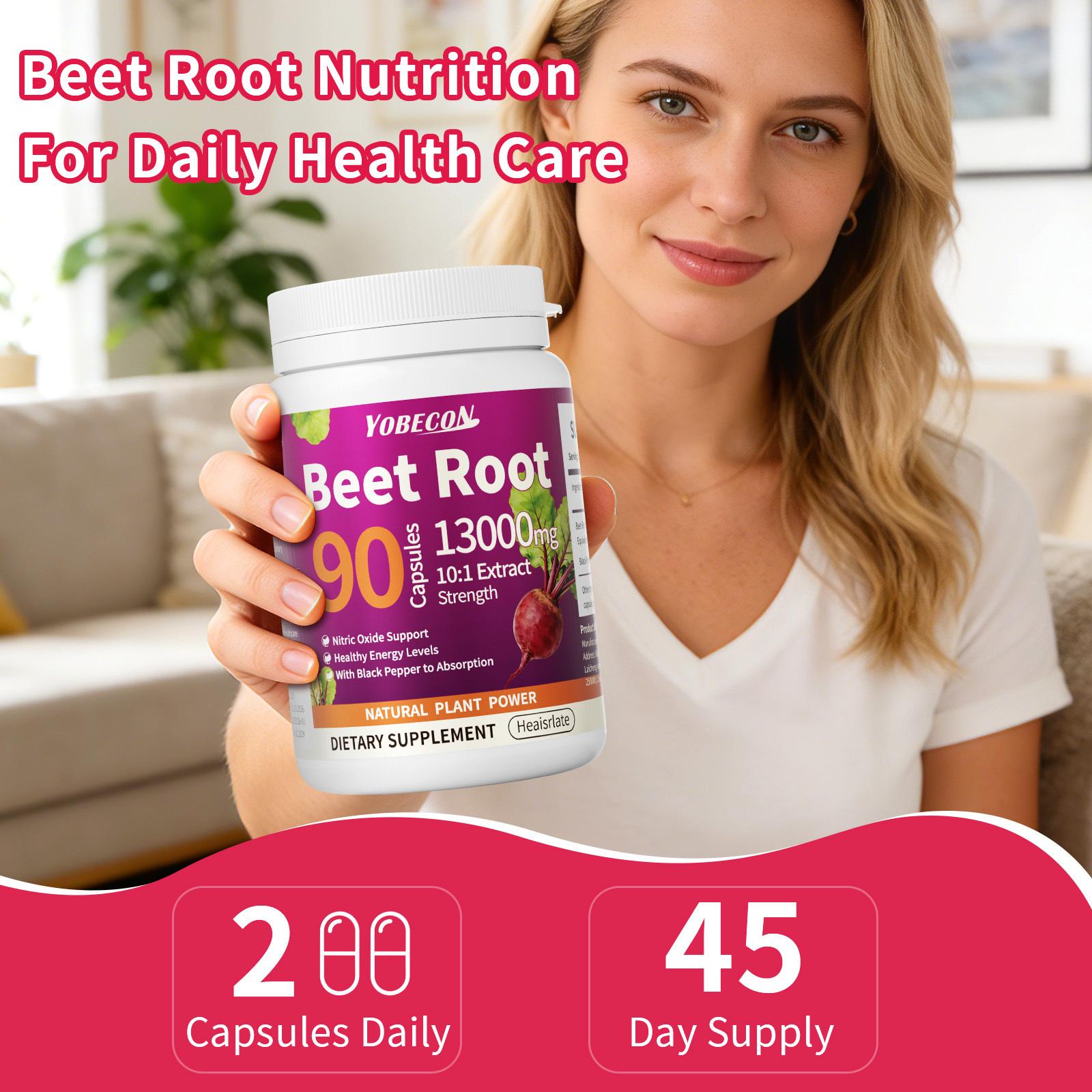 90 Natural Nitric Oxide Beetroot Capsules - Each capsule contains 13,000 mg of highly effective ingredients - Plant-based formula, effectively regulates blood pressure, promotes intestinal digestion and metabolism, boosts energy.