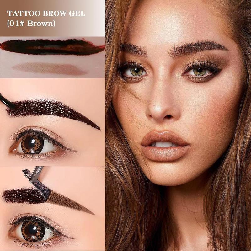 Easy-to-peel eyebrow gel that is waterproof and sweatproof, featuring long-lasting black or brown tattoo shades, film-forming application, and medium coverage suitable for all skin types. eye