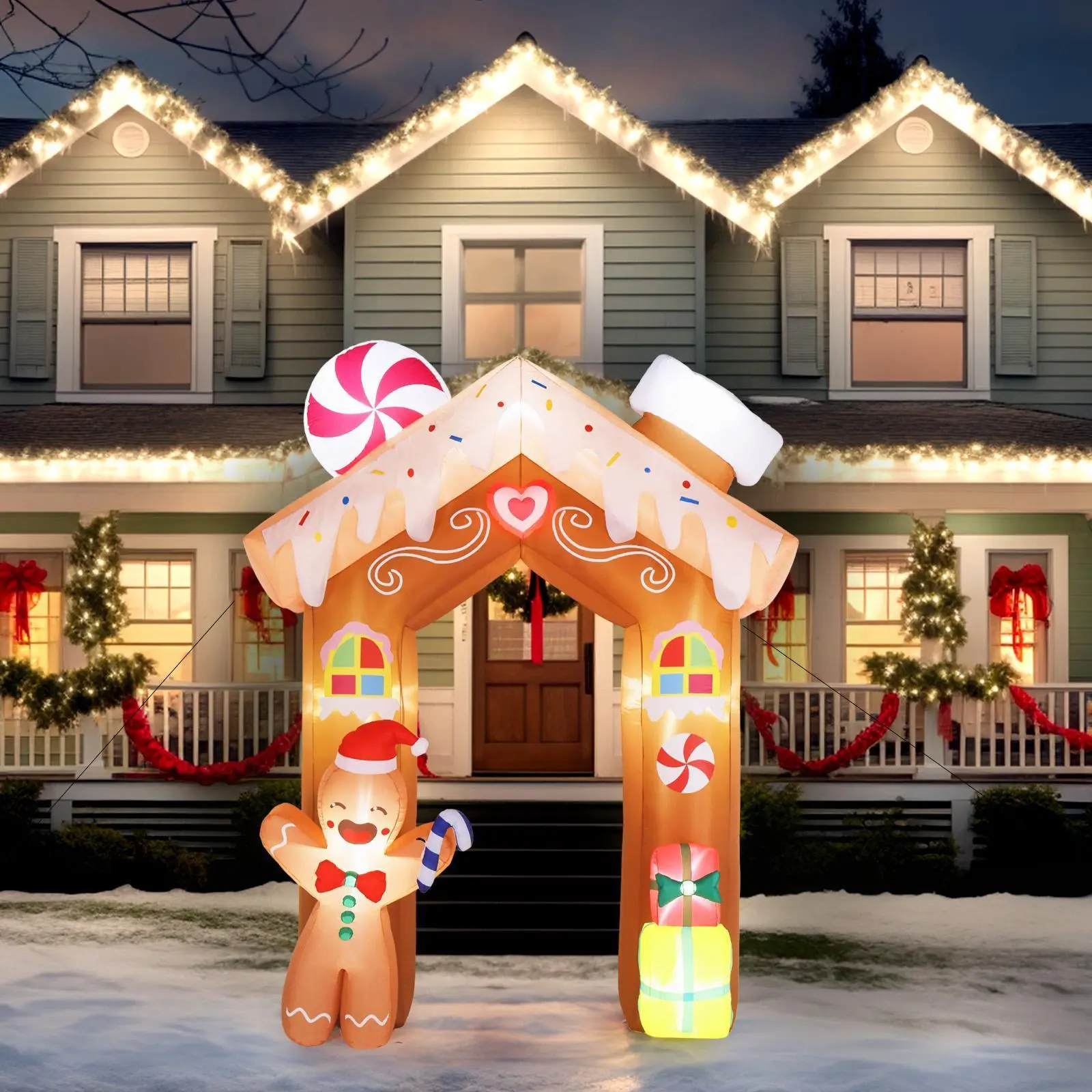 8ft Gingerbread Man Arch Drawstring Bag - 9 LED Warm Garden Arch Decoration, Party Lighting Decoration for Festive Outdoor Display, Event Space Decorating