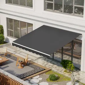 12' x 10' Electric Retractable Awning Sunshade Shelter with Remote Controller, Crank Handle for Deck Balcony Yard, Gray
