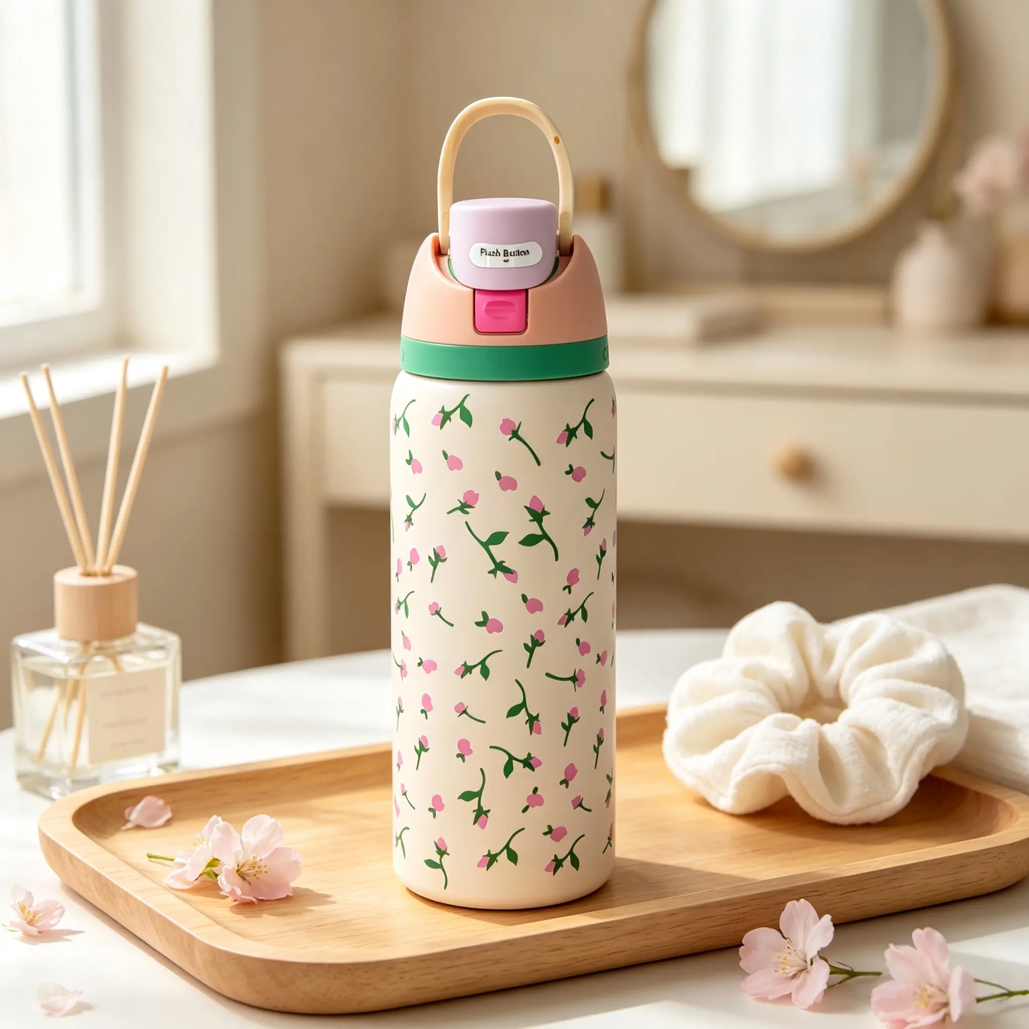 Owala 32oz Stainless Steel Insulated Vacuum Flask, 24-Hour Cold Retention, Leak-Proof Flip-Top Tumbler with Handle, Pink Floral Pattern Travel Drinkware