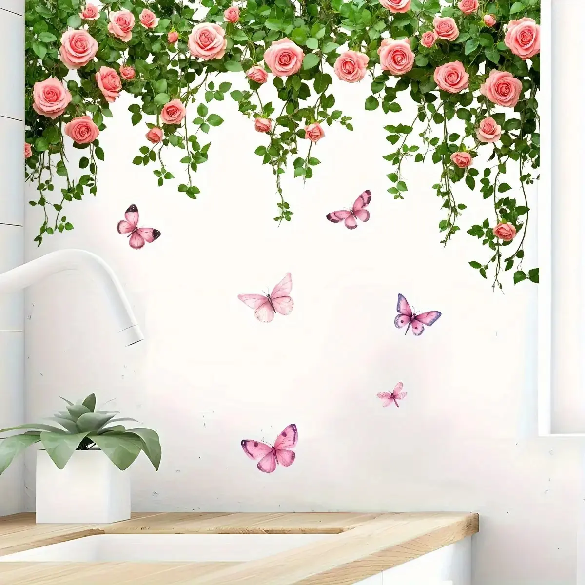 Rose Vine Butterfly Wall Sticker, Decorative Sticker, Self-Adhesive Removable PVC Decal, Rose Leaves Butterfly Pattern, Floral Design, Spring Summer Floral Decor, Wall Stickers Decor, Adhesive Decals