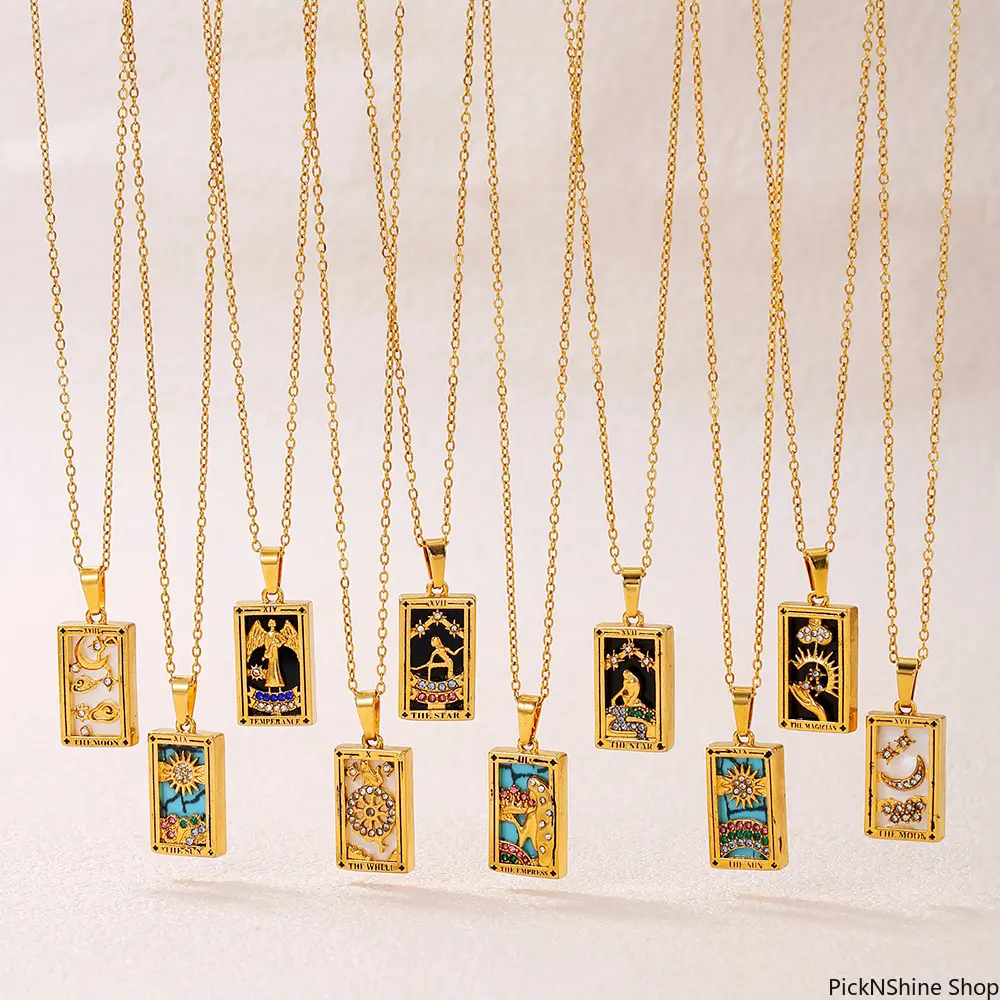 Women's Retro Synthetic Decorative Necklace - Non-Tarnish Fadeless Stainless Steel Clavicle Chain, Rectangle Drip-Oil Zircon Tarot Card Pendant Unisex Fashion Jewelry Accessory