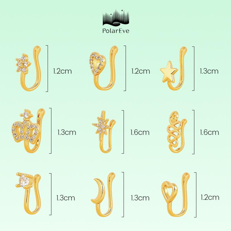 PolarEve 9pcs Non-Piercing Copper Nose Rings U Star Love Crown Zirconia Shapes Punk Rhinestone Clip-On Gold Nose Protection Bracelet Adjustable Jewelry Unisex