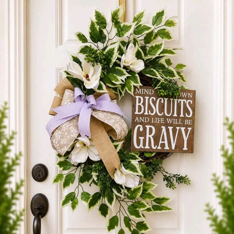 Farmhouse Kitchen Wreath with Sign, Biscuits and Gravy Wreath, Rustic Grapevine Wreath, Southern Kitchen Decor, Front Door Wreath WreathsAmor 5 out of 5 stars