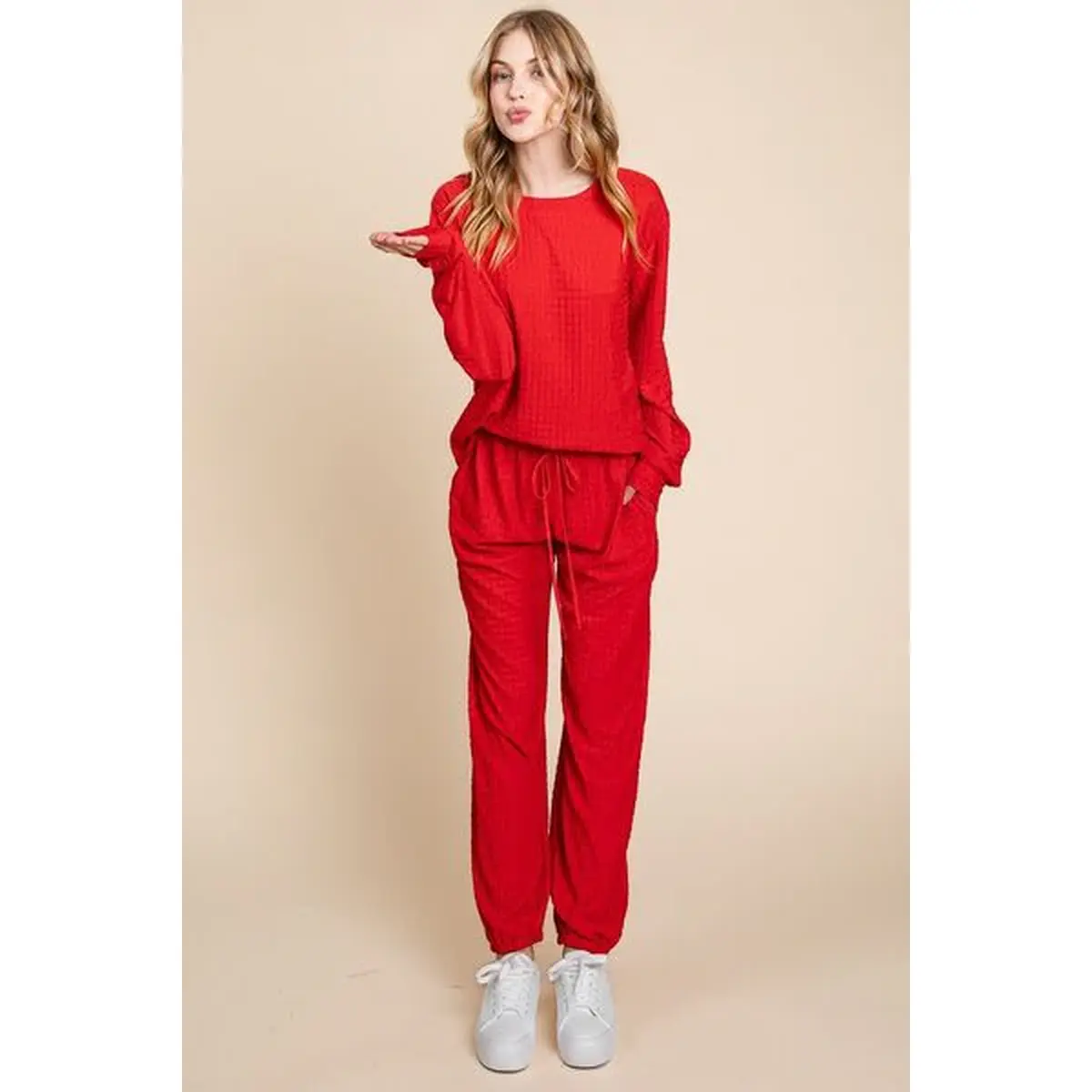Super Lady Full Size Crinkle Check round Neck Top and Pants Lounge Set Does not apply