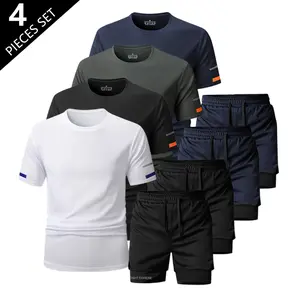 Summer men's sports and leisure quick-dry short-sleeve shorts set, solid color short-sleeve sports top, breathable and comfortable sportswear, outdoor sportswear, jogging sportswear, suitable for outdoor activities; paired with quick-dry breathable ice si