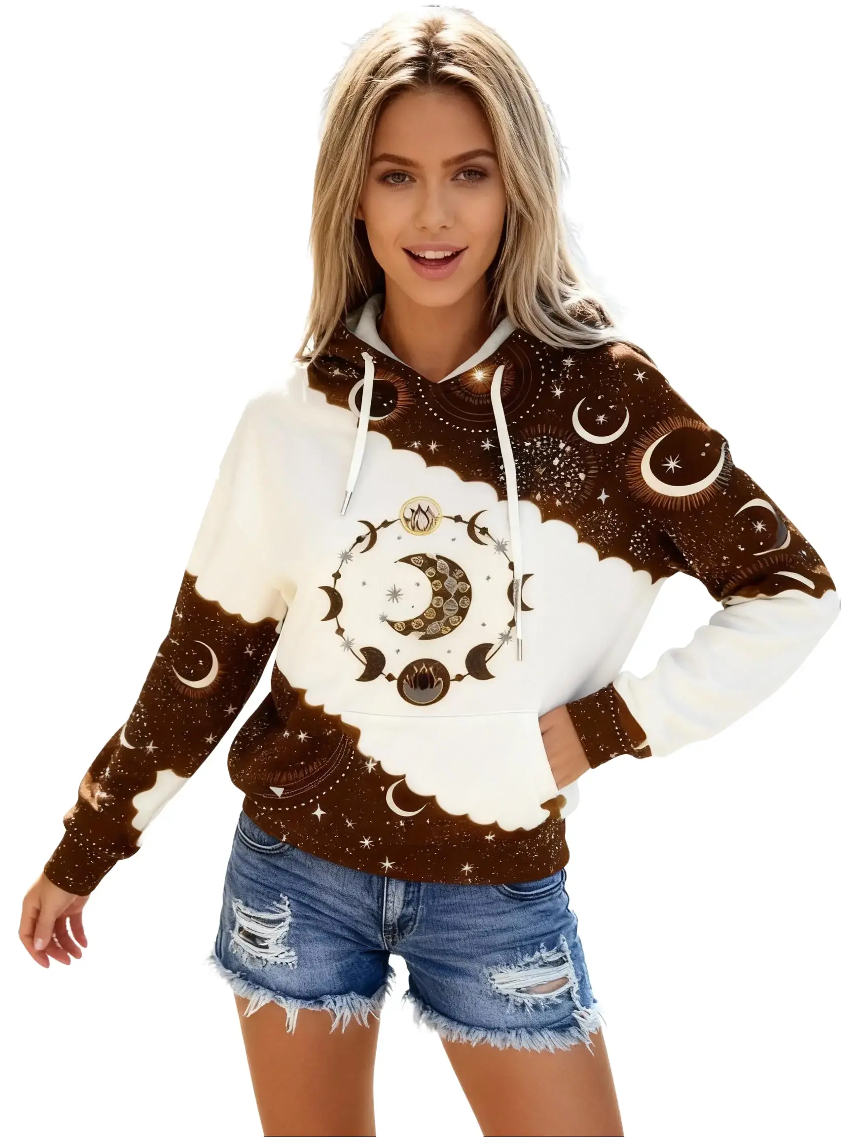 【Cozy & Stylish】Women's Fitted Drop Shoulder Colorblock Hoodie with Unique Moon Star Graphic, Fleece Casual Hooded Sweatshirt for Ladies Daily Wear, Perfect for All Seasons Outfits