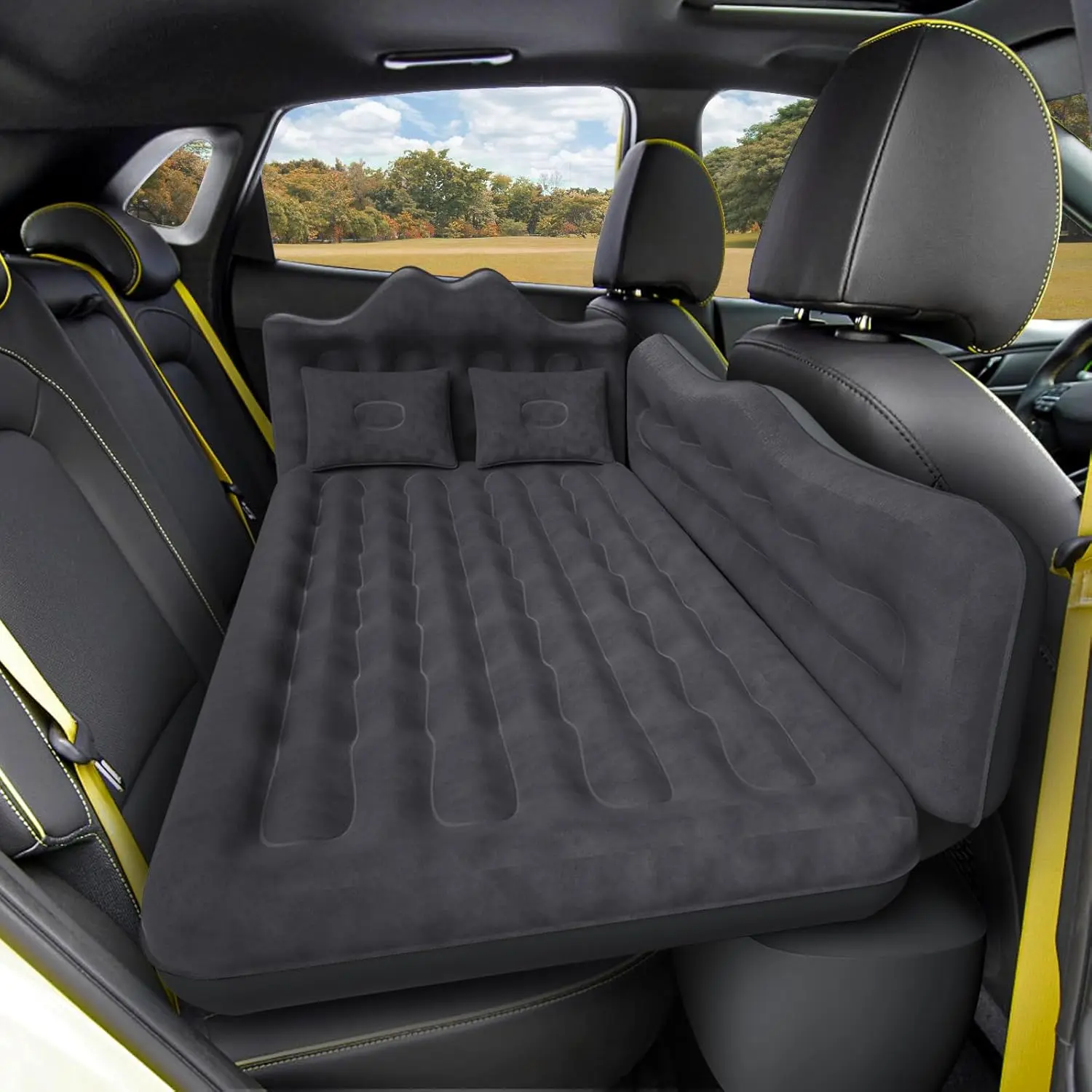 Heavy Duty Inflatable Car Seat Bed, Upgraded Durable Polyester Pongee Back Seat Mattress with Precision-Fit Rear AC Cutout, 2-Chamber Leakproof SUV Sleeping Pad with Pump & Pillows for Camping & Road Trips