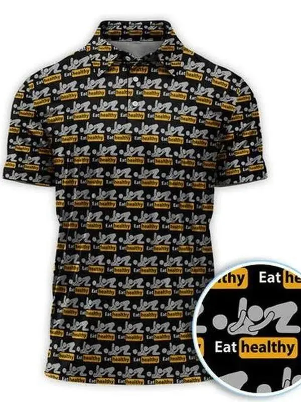 Eat Healthy Funny Golf Polo Shirt Short Sleeve Outdoors Fishing Menswear Print Lightweight