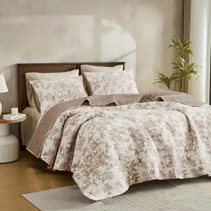 Taupe Floral Quilt Set  Size, Reversible Cotton Quilt Bedding Set for  Bed, Taupe Lightweight Bed Cover 3 count Soft Printed Bedspread and Coverlet for  Season