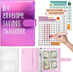 100 Envelopes Money Saving Challenge,A5 Money Saving Binder with Erasable Marker,100 Day Challenge Money Saving Binder,Savings Challenges Book with Envelopes to Save $5,050, 10,000 and $500