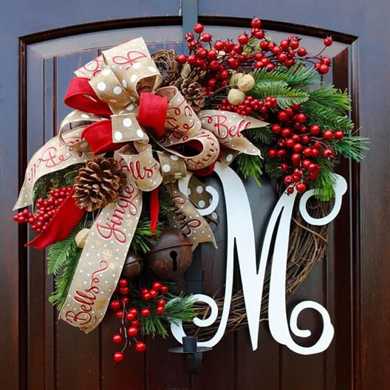Christmas Wreath with Letter Design, 1 Count Farmhouse Front Door Wreath Decoration, Seasonal Country Style Wreath for Christmas Party Decoration, Garland Ribbon