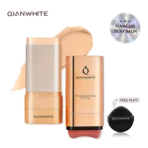 QIANWHITE Luminous Dual-Ended Concealer Foundation Stick with Built-in Brushes Complimentary Puff 24H Long-Lasting Waterproof Sweatproof One-Swipe Even Flawless Base Clear Radiant Skin Foundation Stick