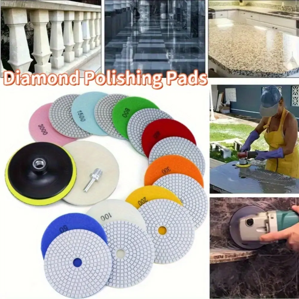 10 Pcs 5 Inch Diamond Polishing Pad with 5/8''-11 Backing, Wool Felt Polishing Pad 50-3000 Grit Wet/dry Polishing Pad Kit for Drill Grinder Polisher Granite Marble Stone Concrete Countertop Quartz