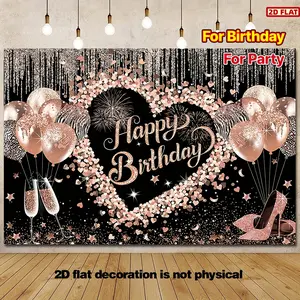 2D Flat Banner, 1pc elegant women's happy birthday Backdrop - pink glitter, heart & balloon design, Polyester Party decoration, no power needed, photo booth prop for sweet love heart celebrations, birthday Part, Party Decorations Banners