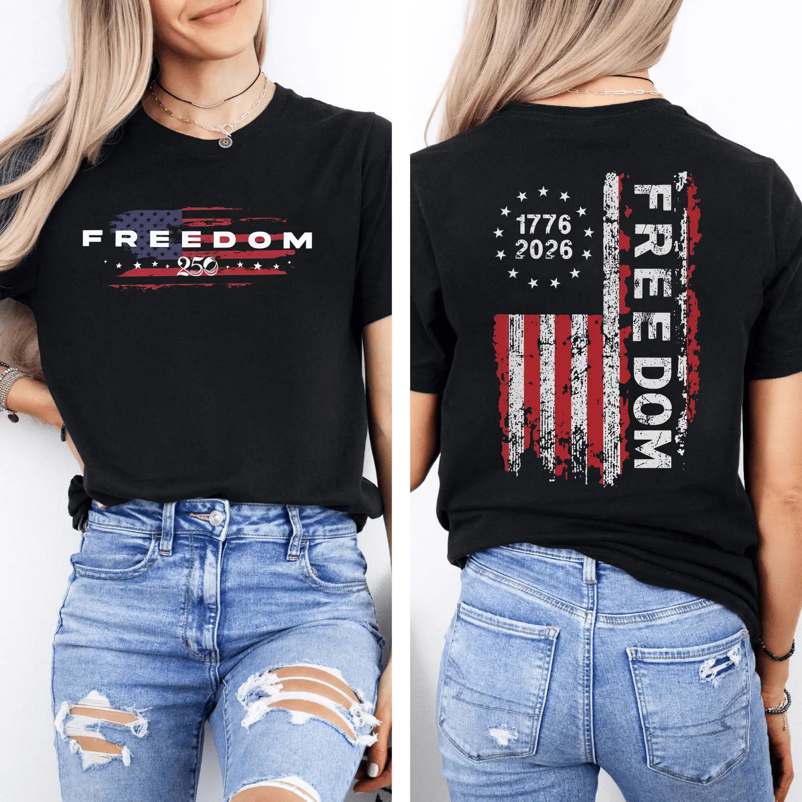 [Sale Up To 50%] Freedom 1776–2026 T-Shirt – Patriotic USA Flag Distressed Graphic, 250 Years of American Freedom, Front & Back Print, Soft US Cotton, Unisex US Fit