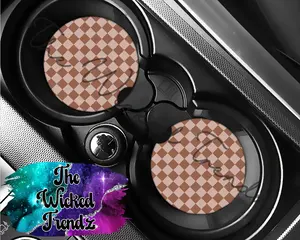 Cute Car Coasters Set of 2 Brown Checkered Print Retro Cute Car Truck Accessories Decor Cup Holder New Car Gift Car Decoration Women Men Girl Car
