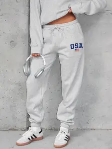 Women's Casual American Flag Print Fleece Lined Drawstring Waist Fitted Cut Joggers, Thick Knit Sporty Pants for All Seasons, Casual Athletic Joggers