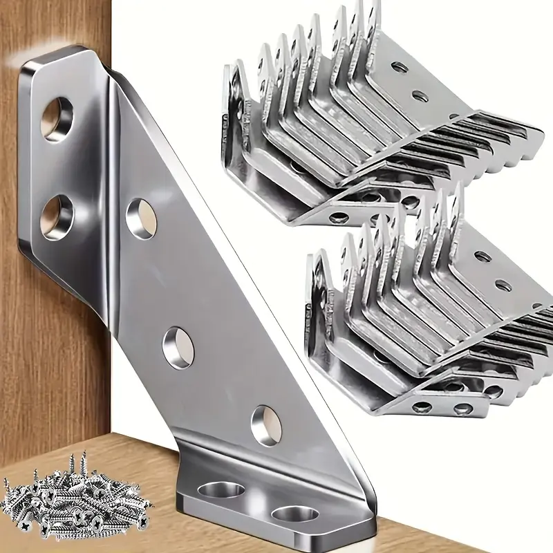 50-Piece Heavy-Duty Stainless Steel Corner Brace Set - Sturdy Bracket Kit with 10 x 90° Triangular L-Shaped Universal Supports, 40 Self-Tapping Screws, 7-Hole Mounting for Wooden Furniture, Bookshelves