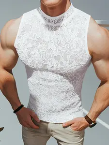 INCERUN Men's Fashion Simple Tank, Summer Tropical Sleeveless Lace Fabric Half High Neck Vest , Perfect for Daily Wear