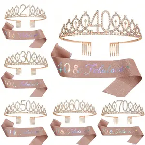 2Pcs Rose Gold Birthday Sash Crown Kit, Birthday Crowns, 21 30 40 50 60 70th Birthday Party Decor Headwear, Happy Birthday Shoulder Sash Rhinestone Tiara, Elegant Female Birthday Gifts for Celebration Party Decor Supplies
