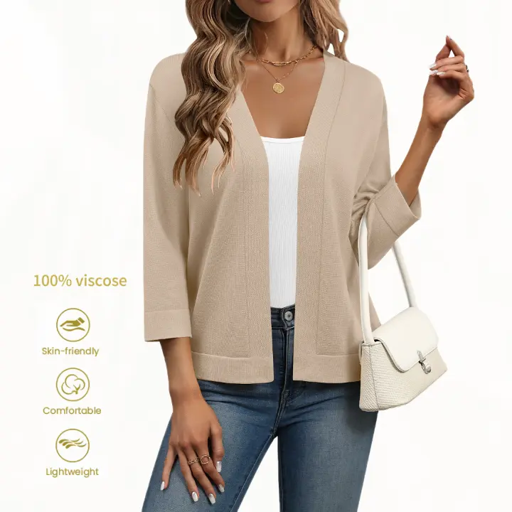 Women's 3/4 Sleeve Open Front Cropped Knit Cardigan Sweater Casual Bolero Shrugs for Dresses Fall Outfits Minimalist 2026 lightweight Breathable Clothes for Casual Office Fall Layering Cover Up Women's Tops