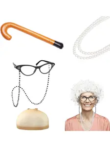 6-Piece Granny Cosplay Set - Old Lady Costume, Wig (White, Grey, Black), Cap, Cane, Glasses, Necklace - Halloween, Christmas, Stage Cosplay