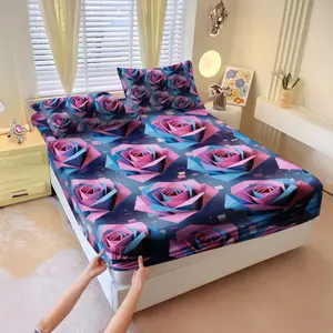 Three-piece fitted sheet set, including a fitted sheet and a bedspread, made of high-end luxury microfiber, soft and breathable, removable, suitable for bedroom use, ideal gift for couples, easy-care fabric, rose-themed Valentine's Day gift