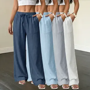 Women’s 4-Pack Wide-Leg Pants – Casual Drawstring Elastic Waist, Drapey Long Pants with Pockets for Home and Everyday Wear
