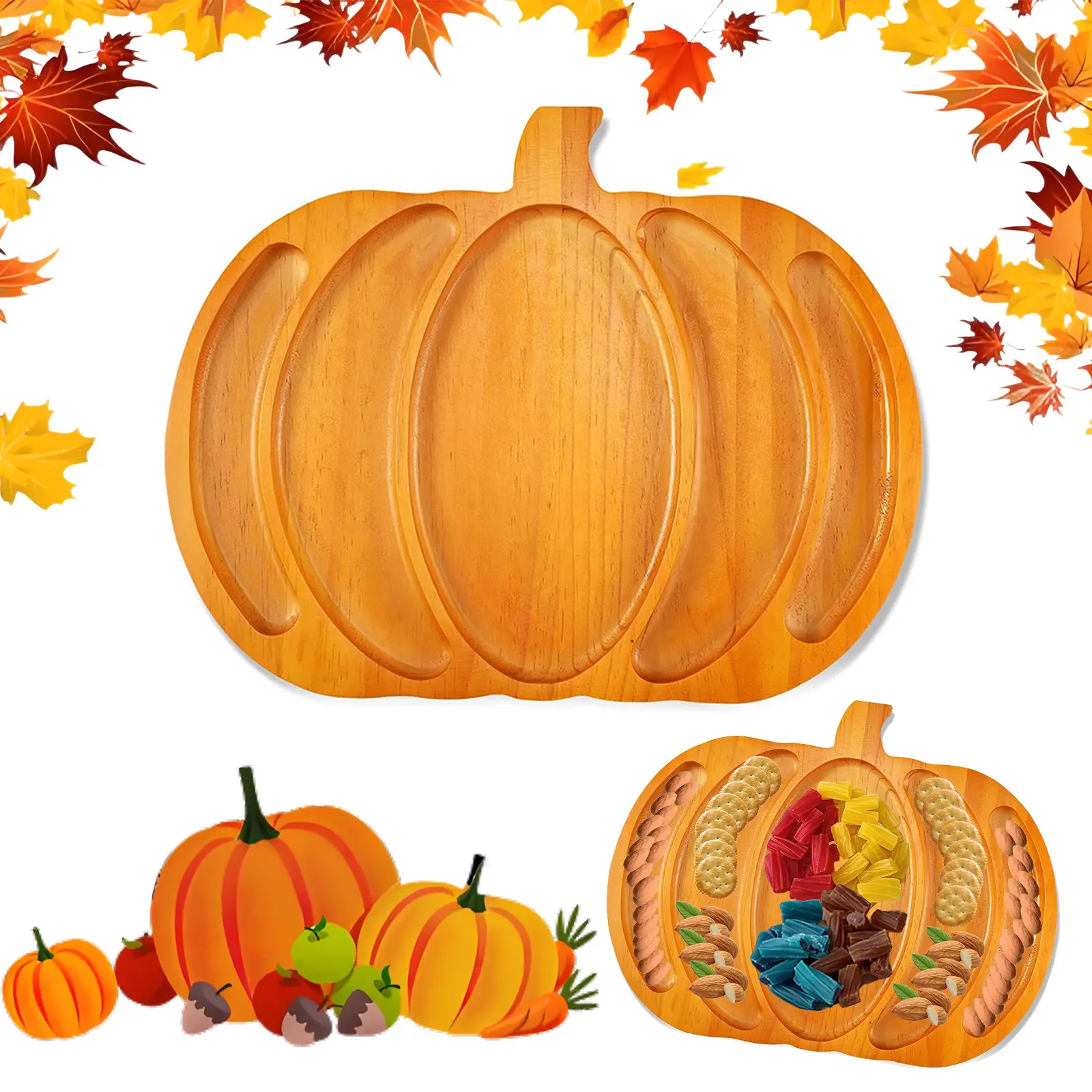 1 Pcs Extra-Large Pumpkin Wooden Serving Platter, 15 inch Divided Charcuterie Platter, Fall Harvest Serving Tray, Thanksgiving Halloween Party Tray for Fruit, Cheese, Appetizer, Snack