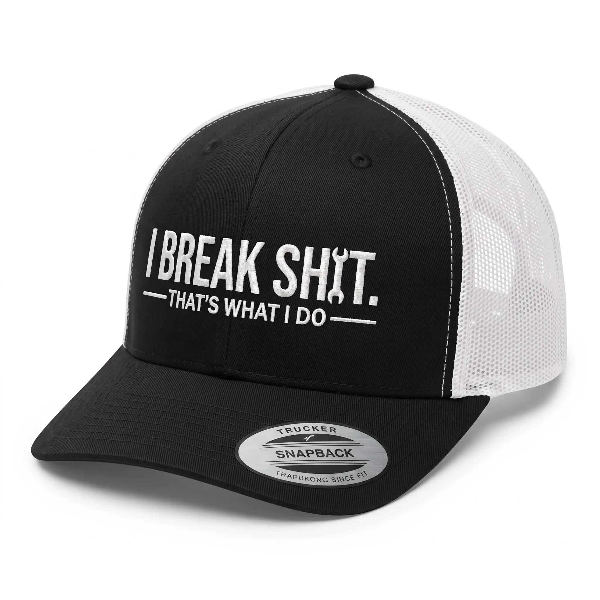 Trucker Hat with "I Break Sh!t", All-Season Unisex Wear for Outdoor Sports, Funny Novelty Cap for Men & Women