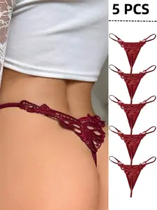 Women's Sexy Lace Thong Panties, Comfortable Plain Design, Fit, Perfect for Valentine's Day & Christmas, Everyday Wear, Set of 5, Wine